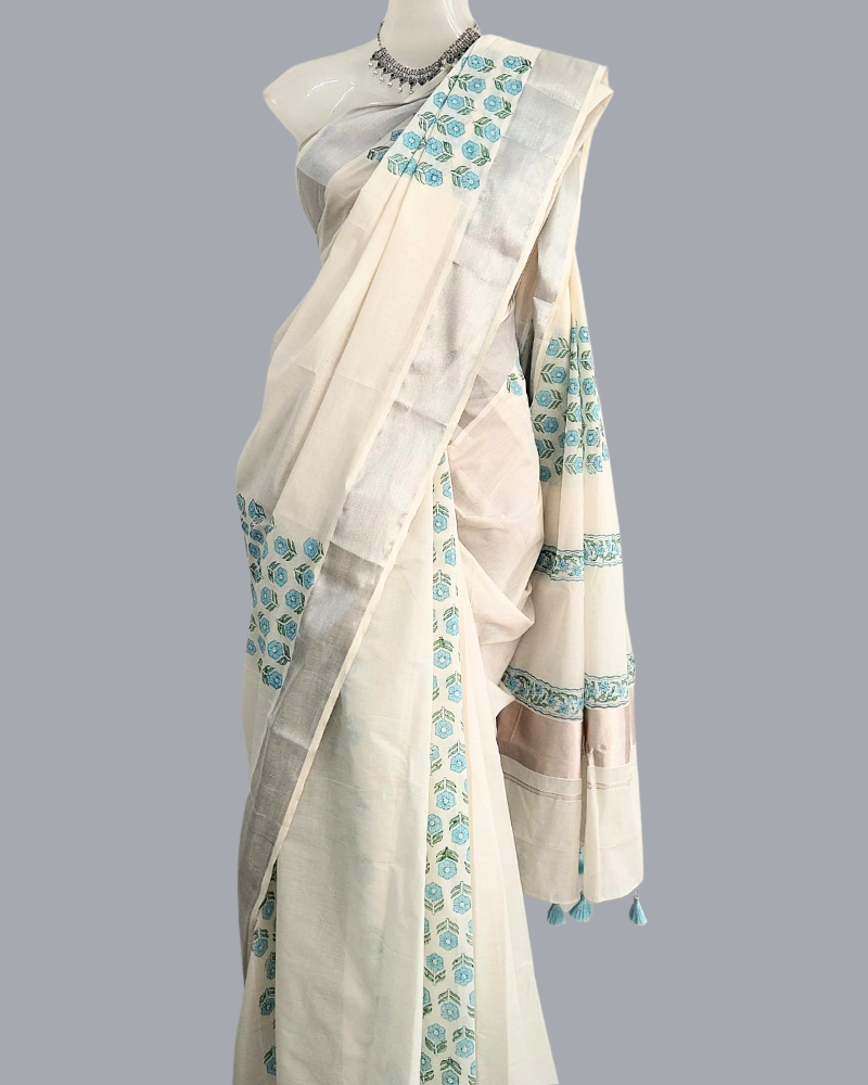 Saree: Kerala Cotton - Silver Zari Border with Blue Floral Print