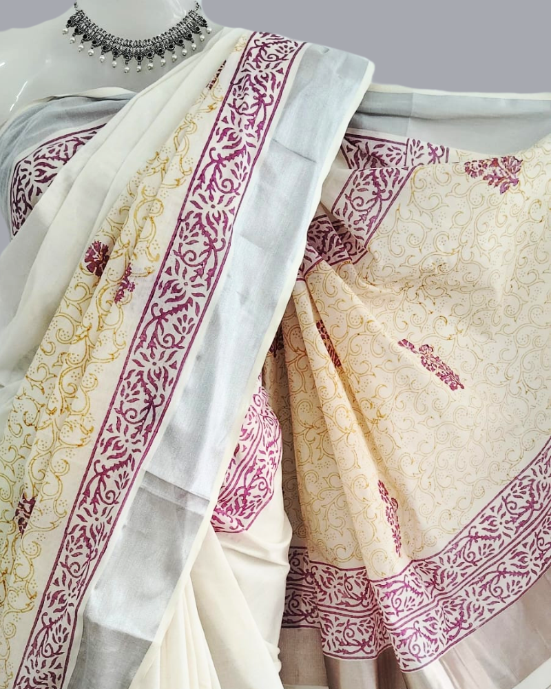 Saree: Kerala Cotton - Silver Zari Border with Rust & Maroon Print