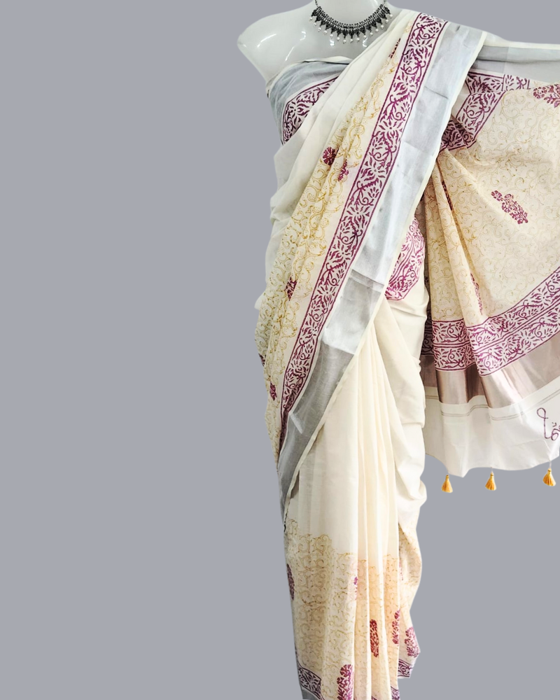 Saree: Kerala Cotton - Silver Zari Border with Rust & Maroon Print