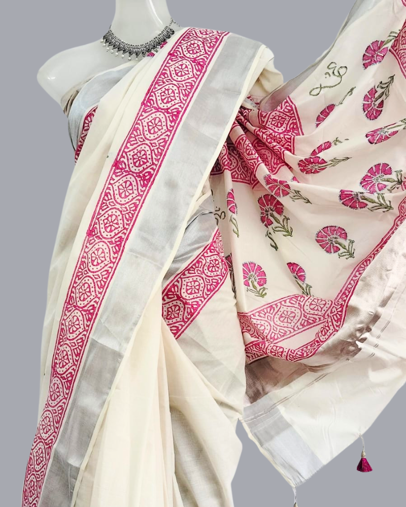 Saree: Kerala Cotton - Silver Zari Border with Pink Floral Print