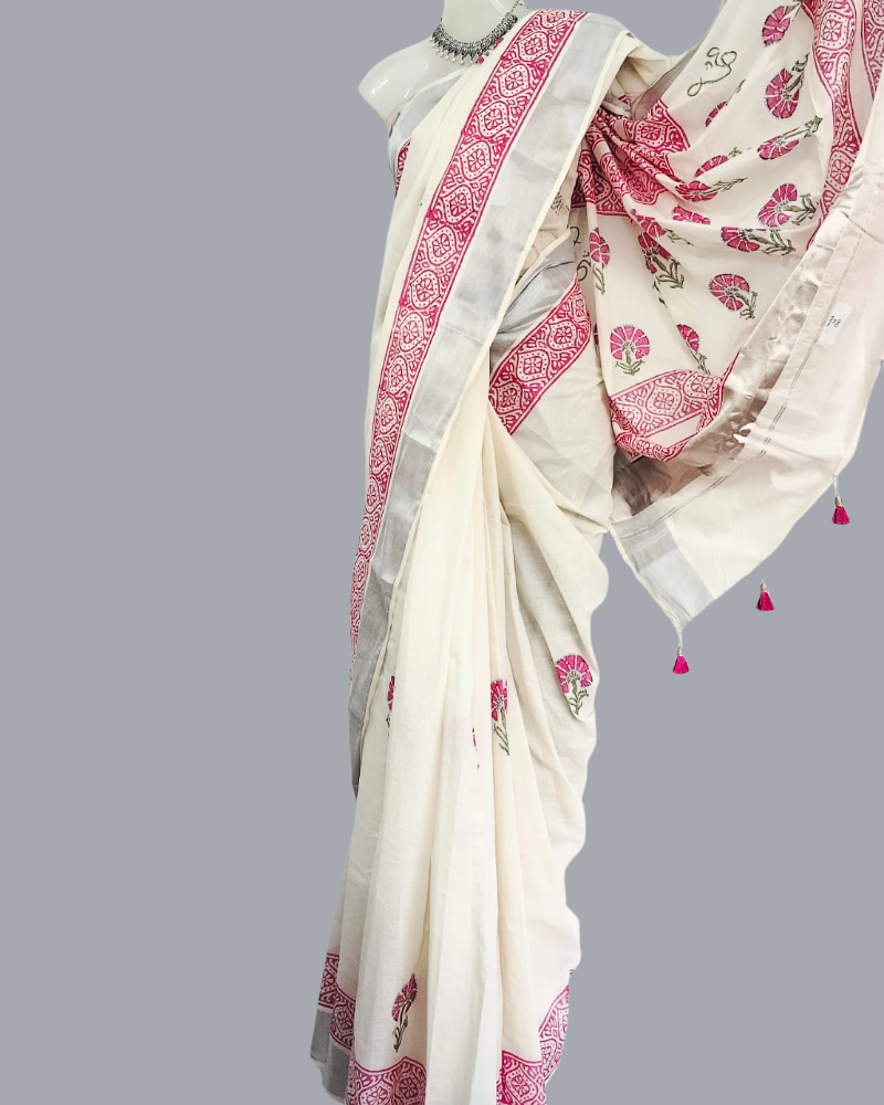 Saree: Kerala Cotton - Silver Zari Border with Pink Floral Print