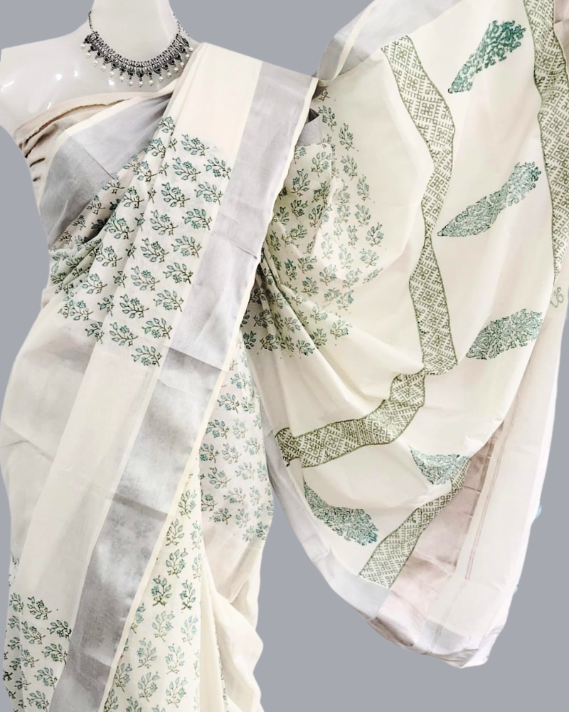 Saree: Kerala Cotton - Silver Zari Border with Green Print