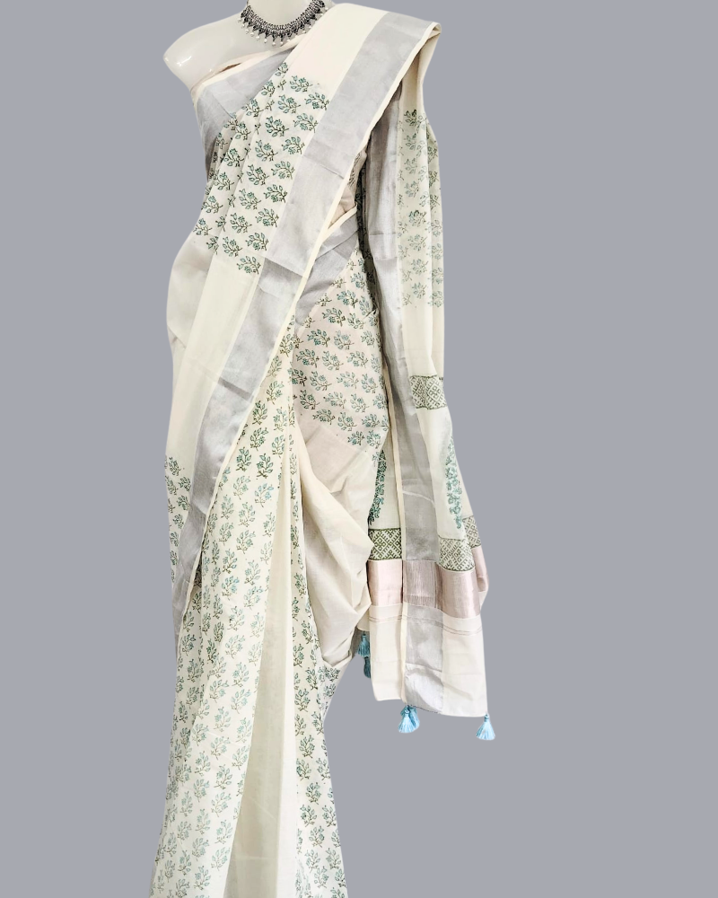 Saree: Kerala Cotton - Silver Zari Border with Green Print