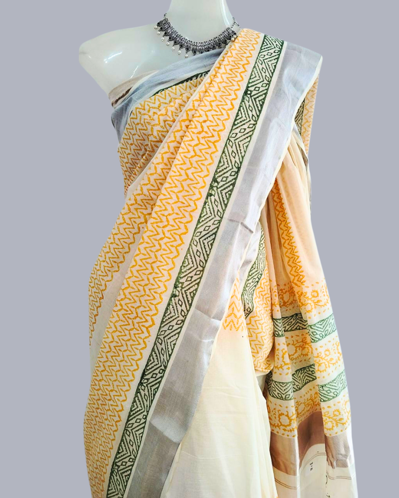 Saree: Kerala Cotton - Silver Zari Border with Yellow & Green Print