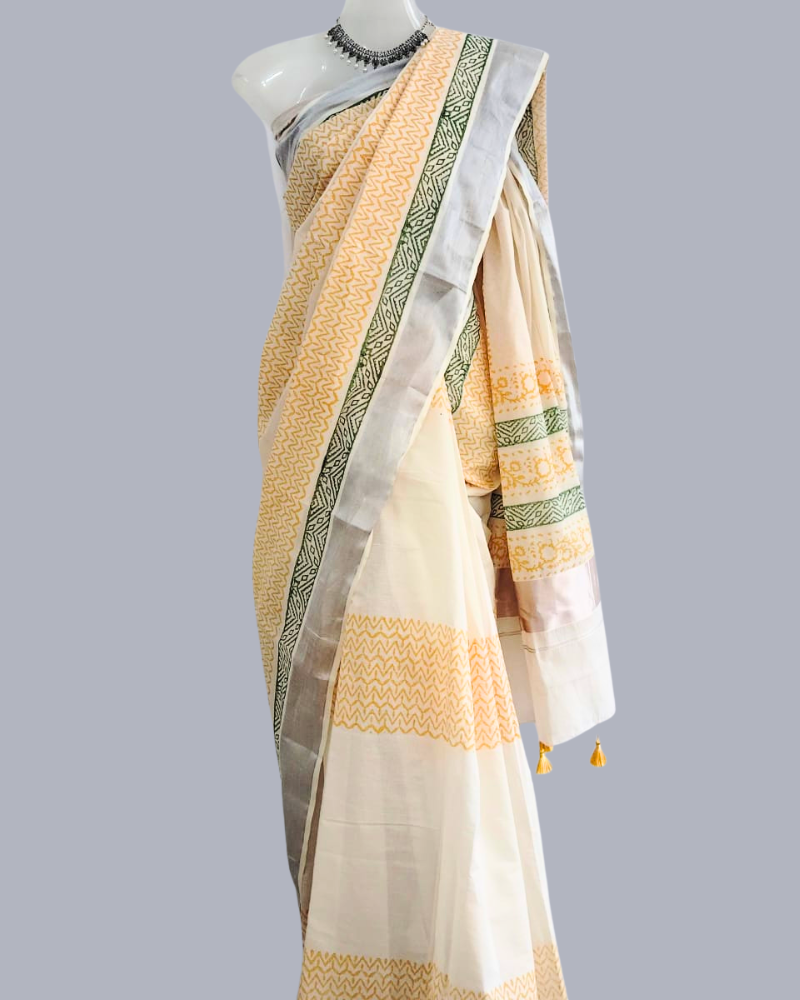Saree: Kerala Cotton - Silver Zari Border with Yellow & Green Print