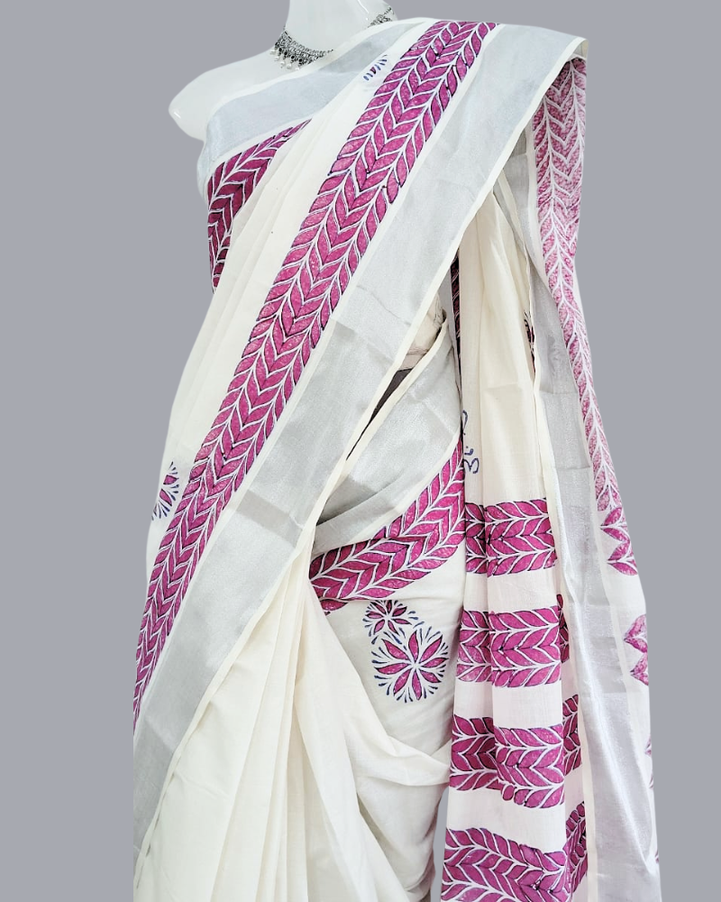 Saree: Kerala Cotton - Silver Zari Border with Dark Pink Print