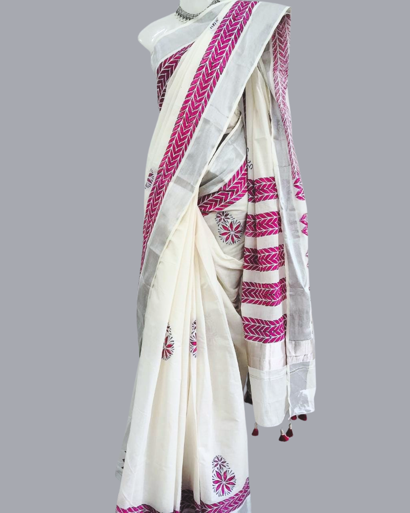 Saree: Kerala Cotton - Silver Zari Border with Dark Pink Print