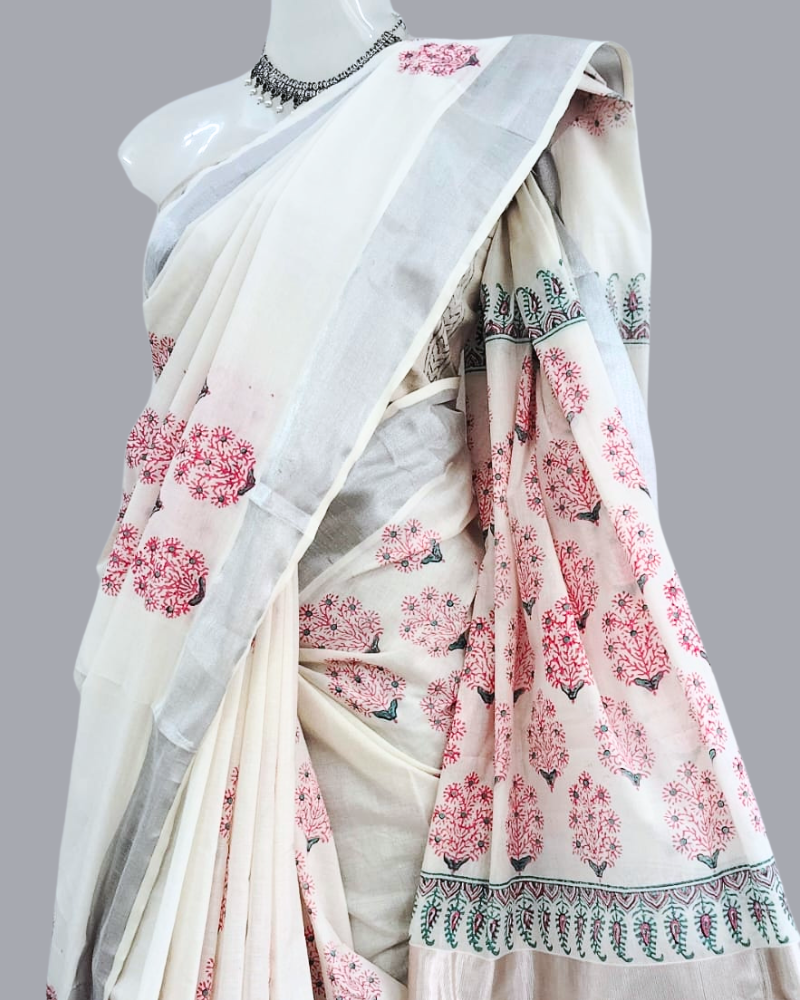 Saree: Kerala Cotton - Silver Zari Border with Red Floral Print