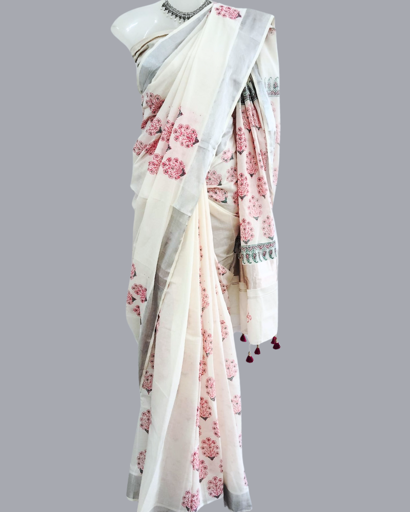 Saree: Kerala Cotton - Silver Zari Border with Red Floral Print