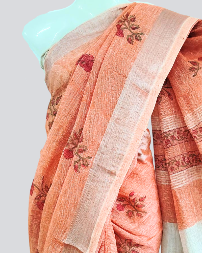 Handwoven Linen Saree with Hand Block Print & Silver Border - Coral