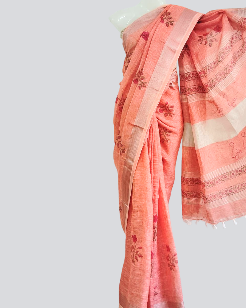 Handwoven Linen Saree with Hand Block Print & Silver Border - Coral