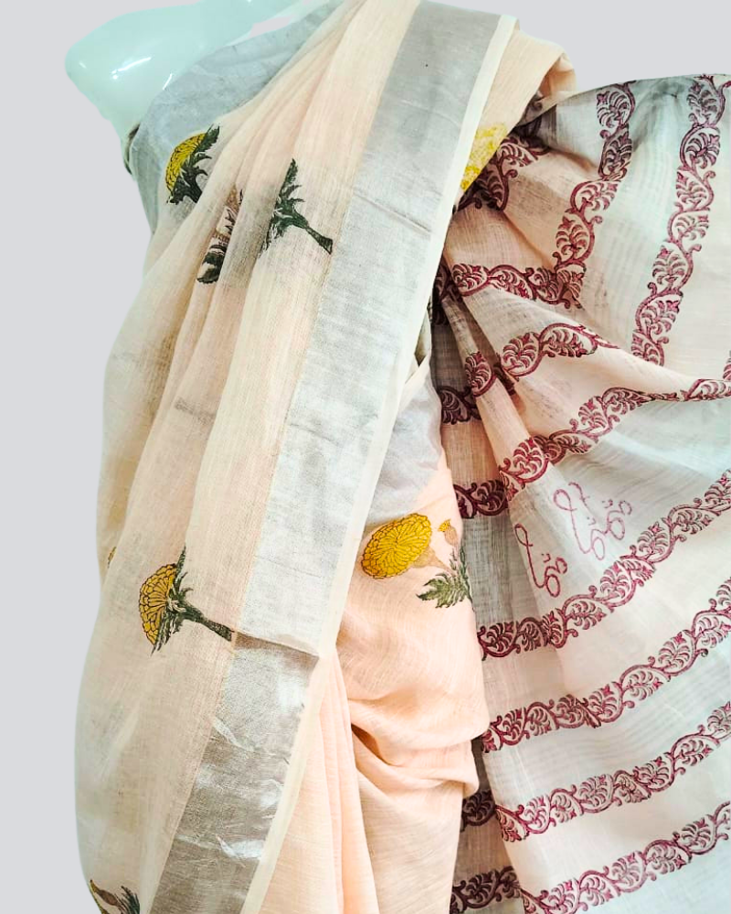 Handwoven Linen Saree with Hand Block Print & Silver Border - Ligth Peach