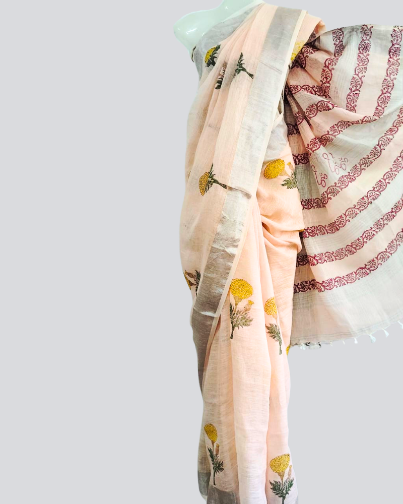 Handwoven Linen Saree with Hand Block Print & Silver Border - Ligth Peach