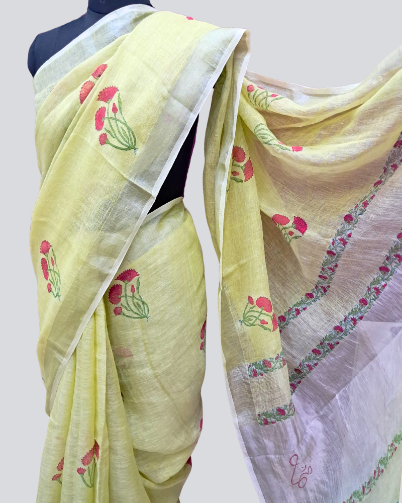 Handwoven Linen Saree with Hand Block Print & Silver Border - Lemon