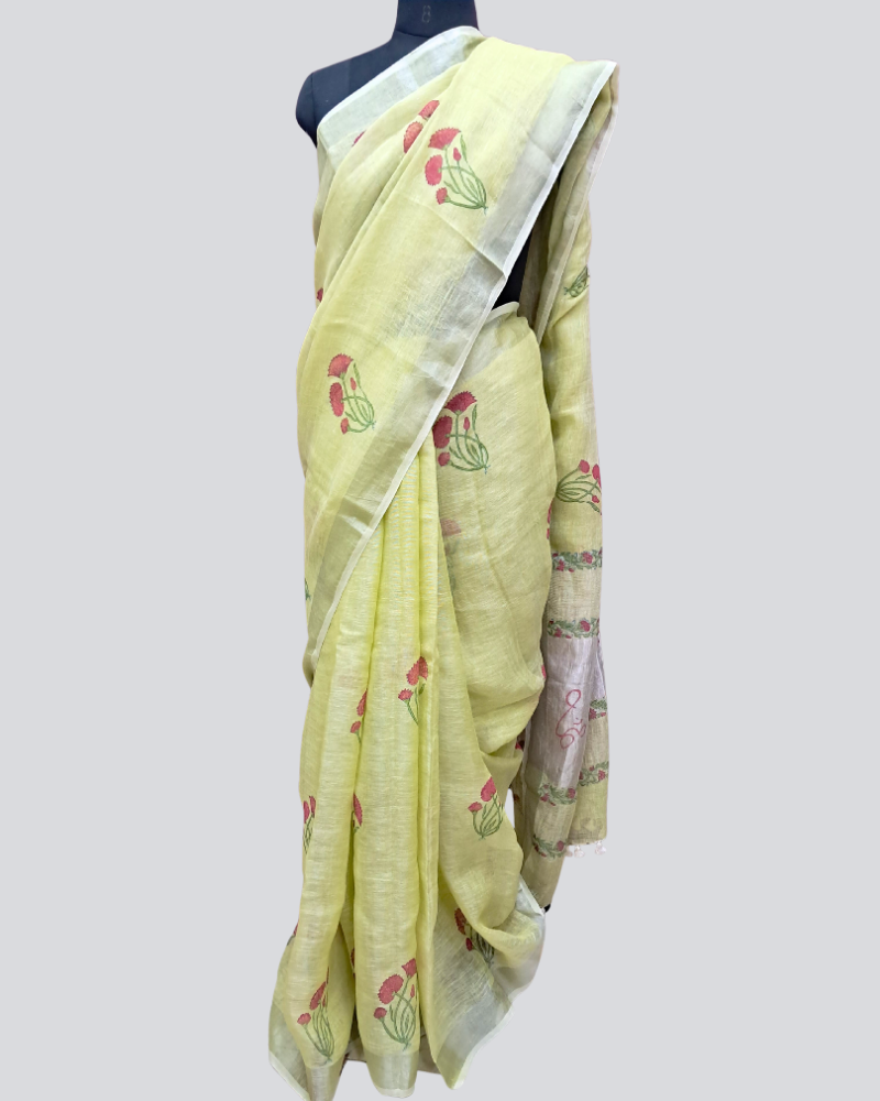Handwoven Linen Saree with Hand Block Print & Silver Border - Lemon