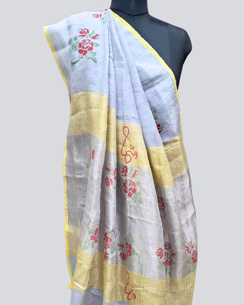 Handwoven Linen Saree with Hand Block Print & Silver Border - Grey