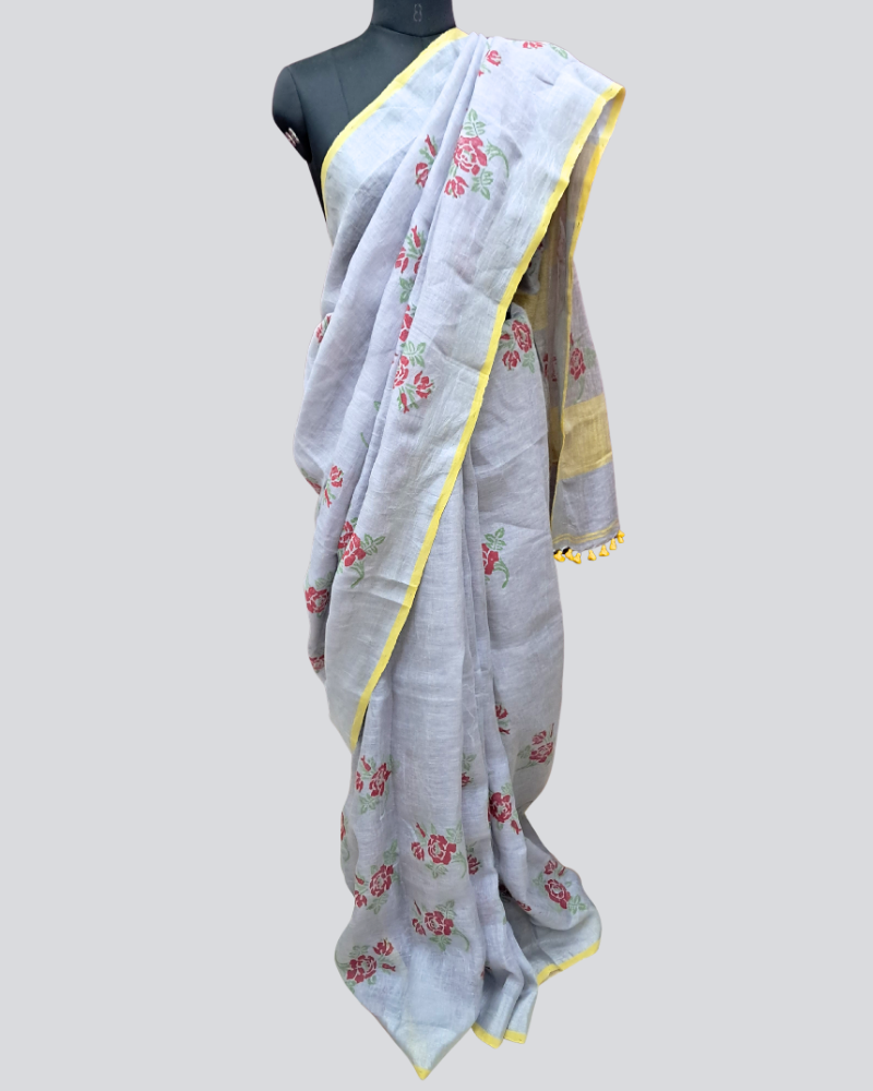 Handwoven Linen Saree with Hand Block Print & Silver Border - Grey