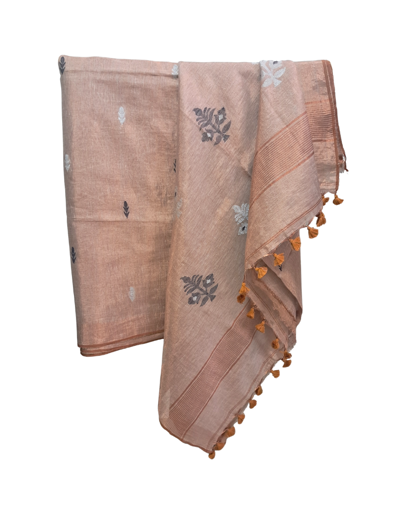 Handwoven Tissue Linen Jamdani Saree - Golden Wheat
