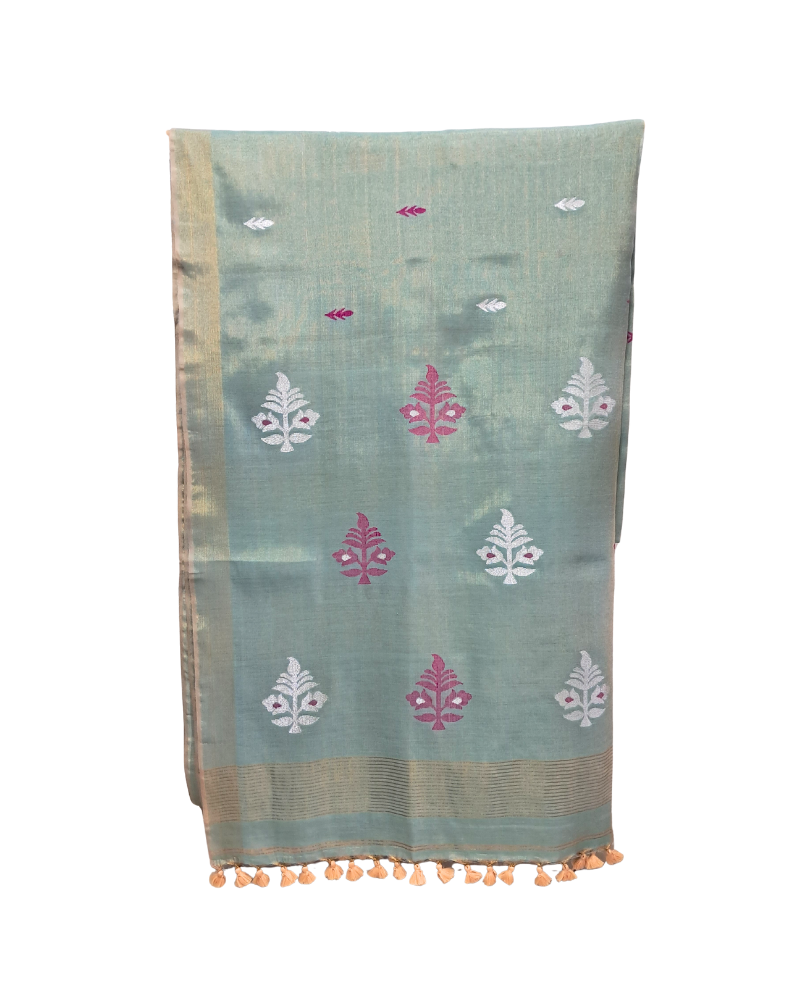 Handwoven Tissue Linen Jamdani Saree - Sea Green