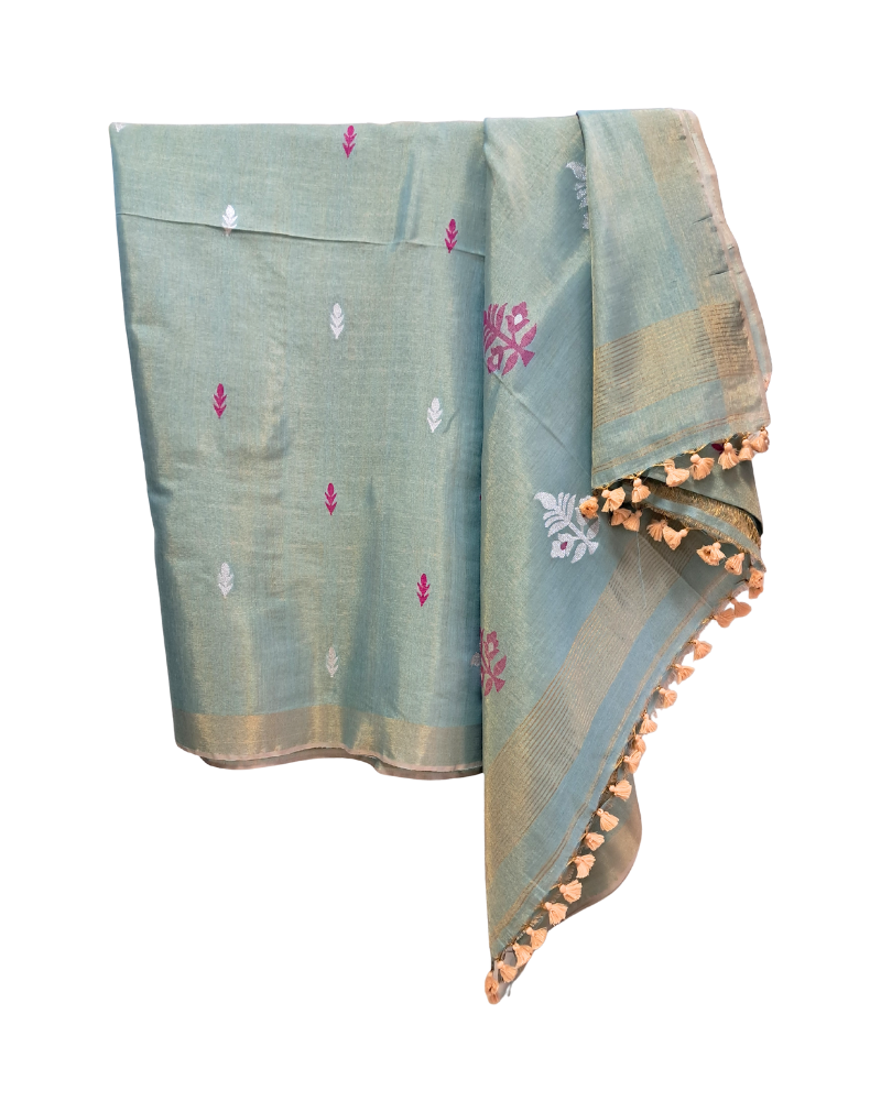 Handwoven Tissue Linen Jamdani Saree - Sea Green