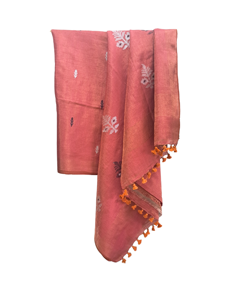 Handwoven Tissue Linen Jamdani Saree - Rose Pink
