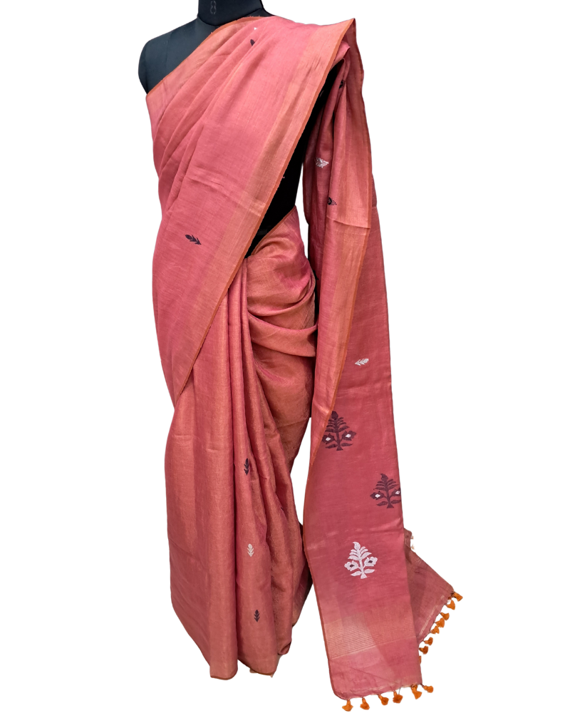 Handwoven Tissue Linen Jamdani Saree - Rose Pink