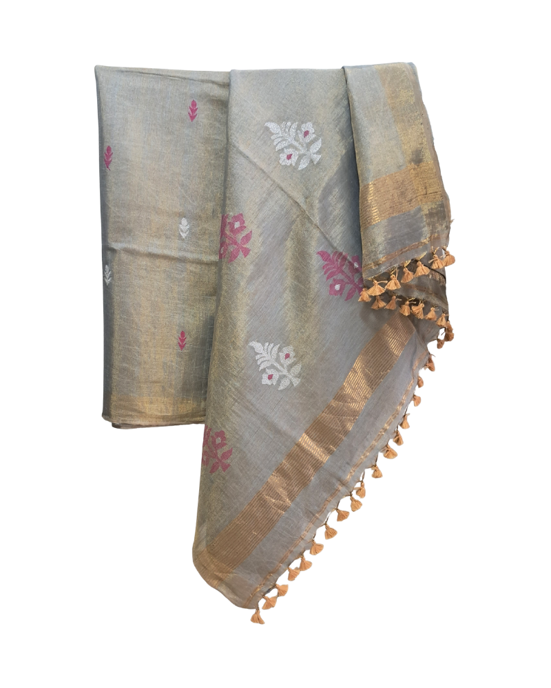 Handwoven Tissue Linen Jamdani Saree - Grey