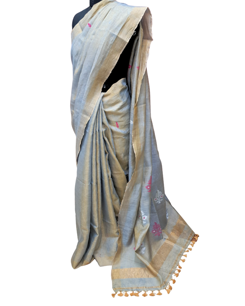 Handwoven Tissue Linen Jamdani Saree - Grey