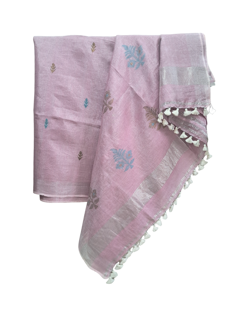 Handwoven Tissue Linen Jamdani Saree - Pink