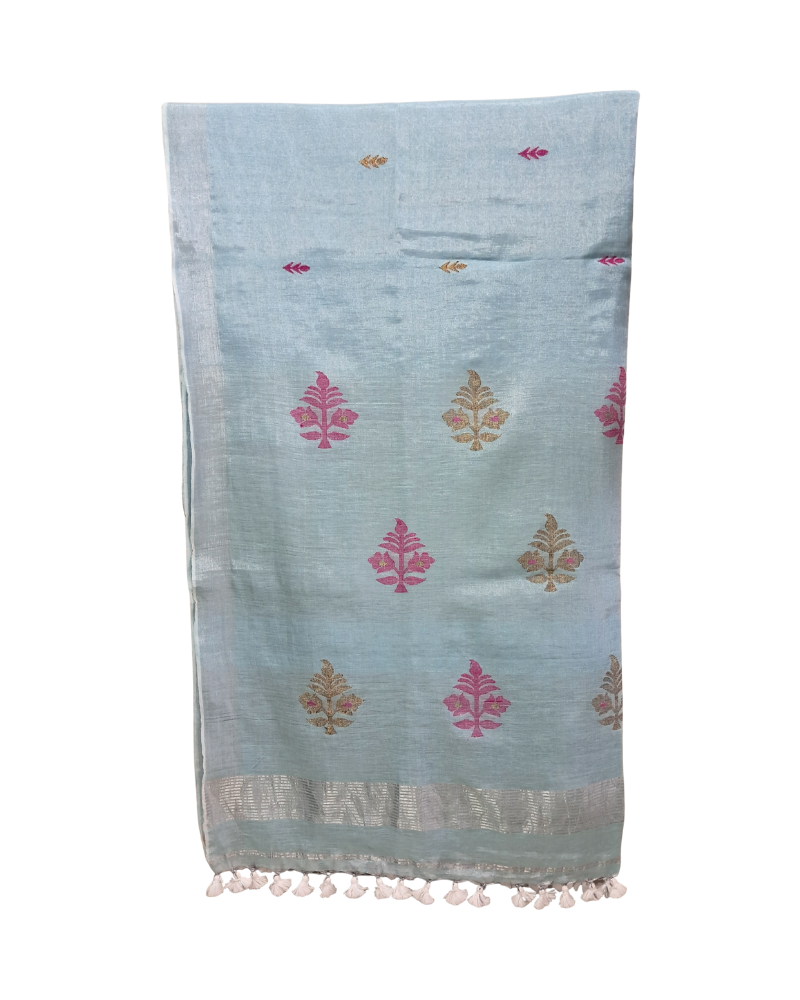 Handwoven Tissue Linen Jamdani Saree - Powder Blue