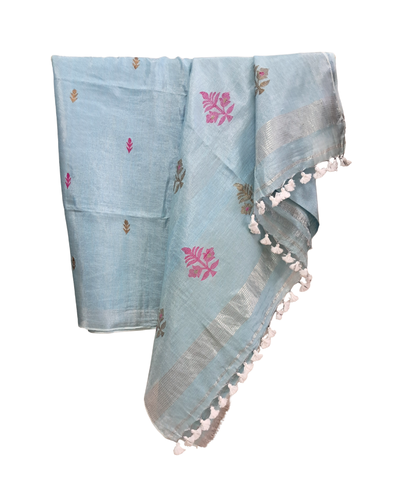 Handwoven Tissue Linen Jamdani Saree - Powder Blue