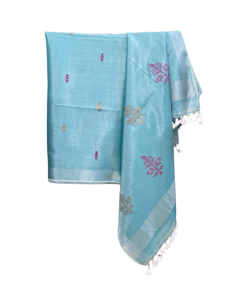 Handwoven Tissue Linen Jamdani Saree - Sky Blue