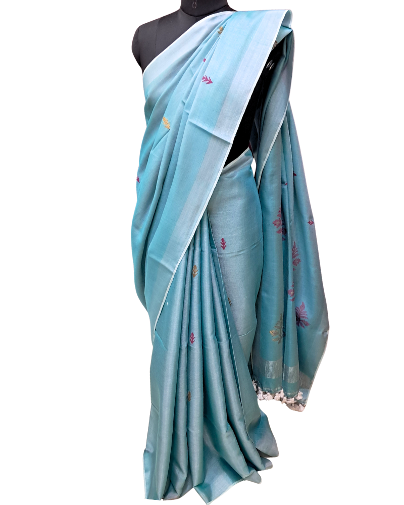 Handwoven Tissue Linen Jamdani Saree - Sky Blue