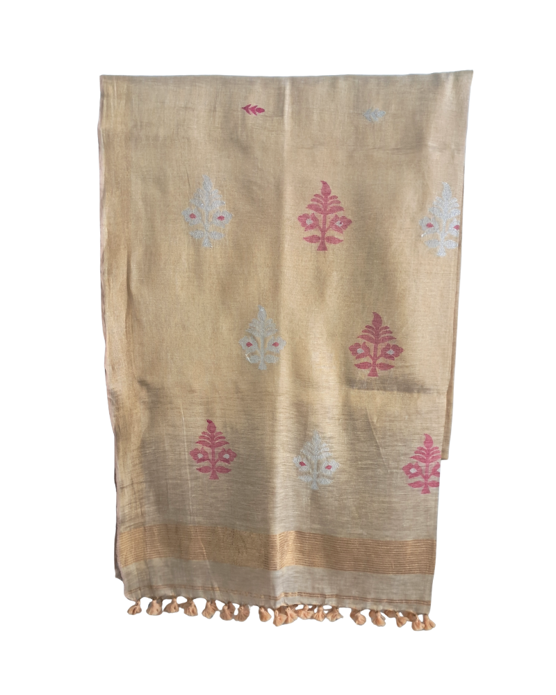Handwoven Tissue Linen Jamdani Saree - Golden Beige