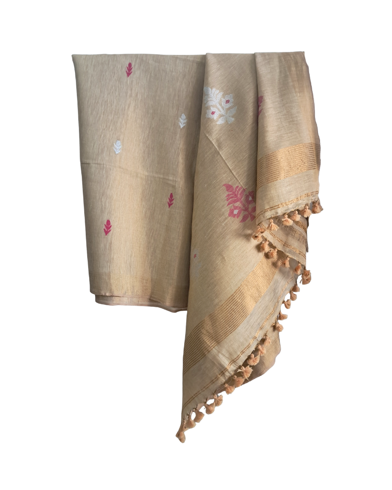 Handwoven Tissue Linen Jamdani Saree - Golden Beige
