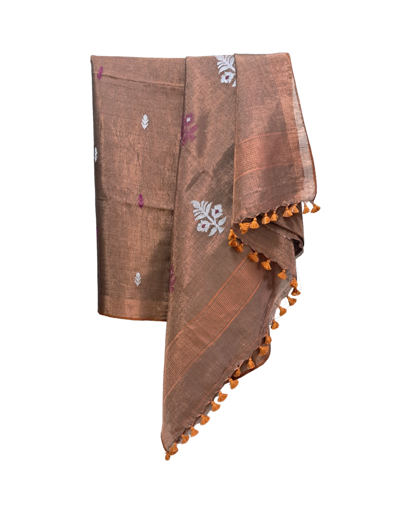 Handwoven Tissue Linen Jamdani Saree - Brown