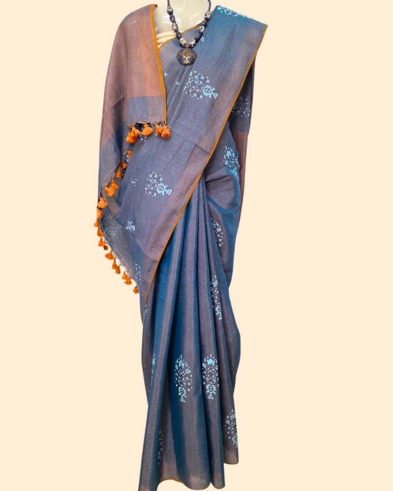 Tissue Linen Saree with Hand Block Print - Slate Blue