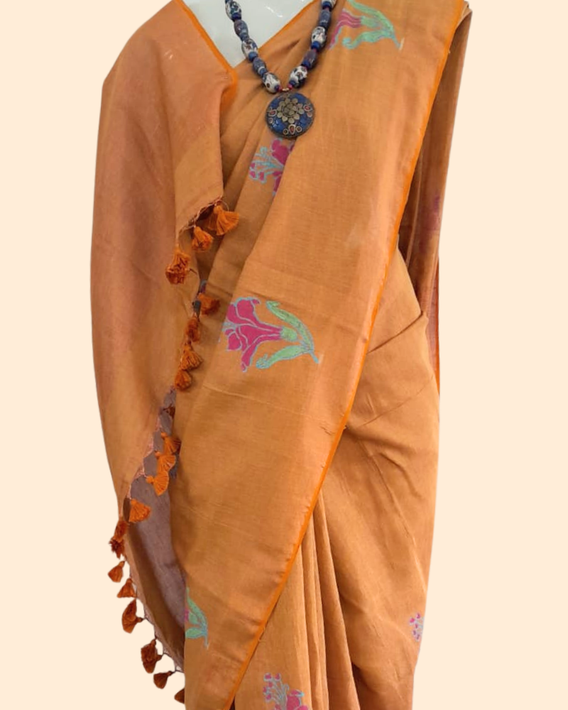 Tissue Linen Saree with Hand Block Print - Burnt Orange