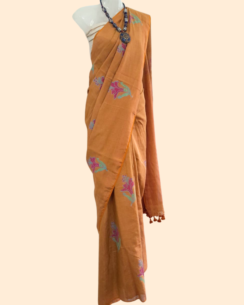 Tissue Linen Saree with Hand Block Print - Burnt Orange