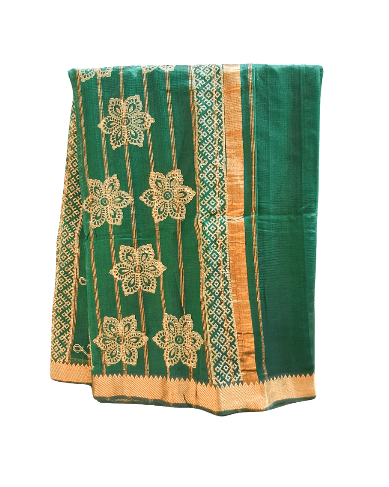 Saree: Mangalgiri Cotton-Silk with Zari Border and Hand Block Print - Green