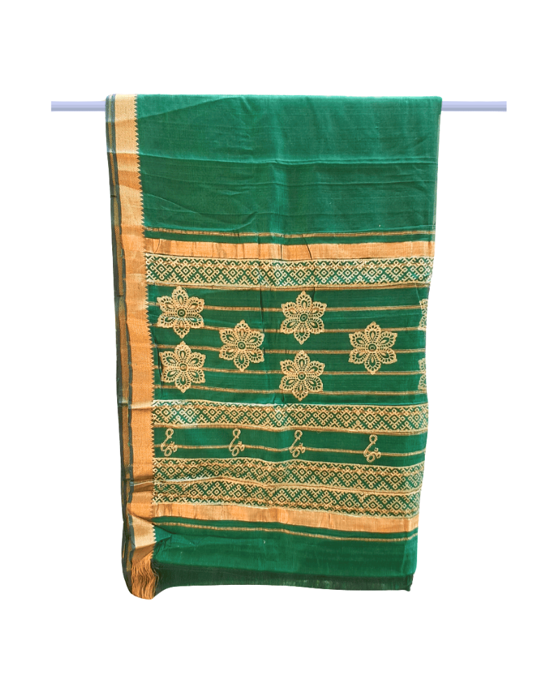 Saree: Mangalgiri Cotton-Silk with Zari Border and Hand Block Print - Green