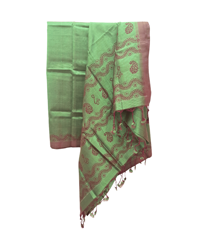 Saree: Mangalgiri Cotton-Silk Plain with Hand Block Print in Green