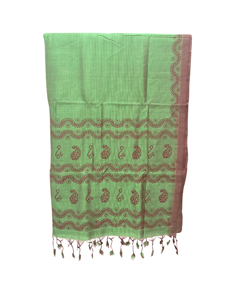 Saree: Mangalgiri Cotton-Silk Plain with Hand Block Print in Green