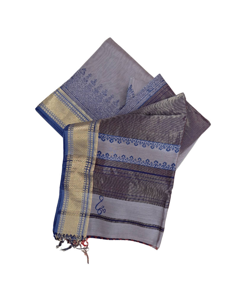 Saree: Maheshwari Silk-Cotton Big Zari Border - Grey & Blue