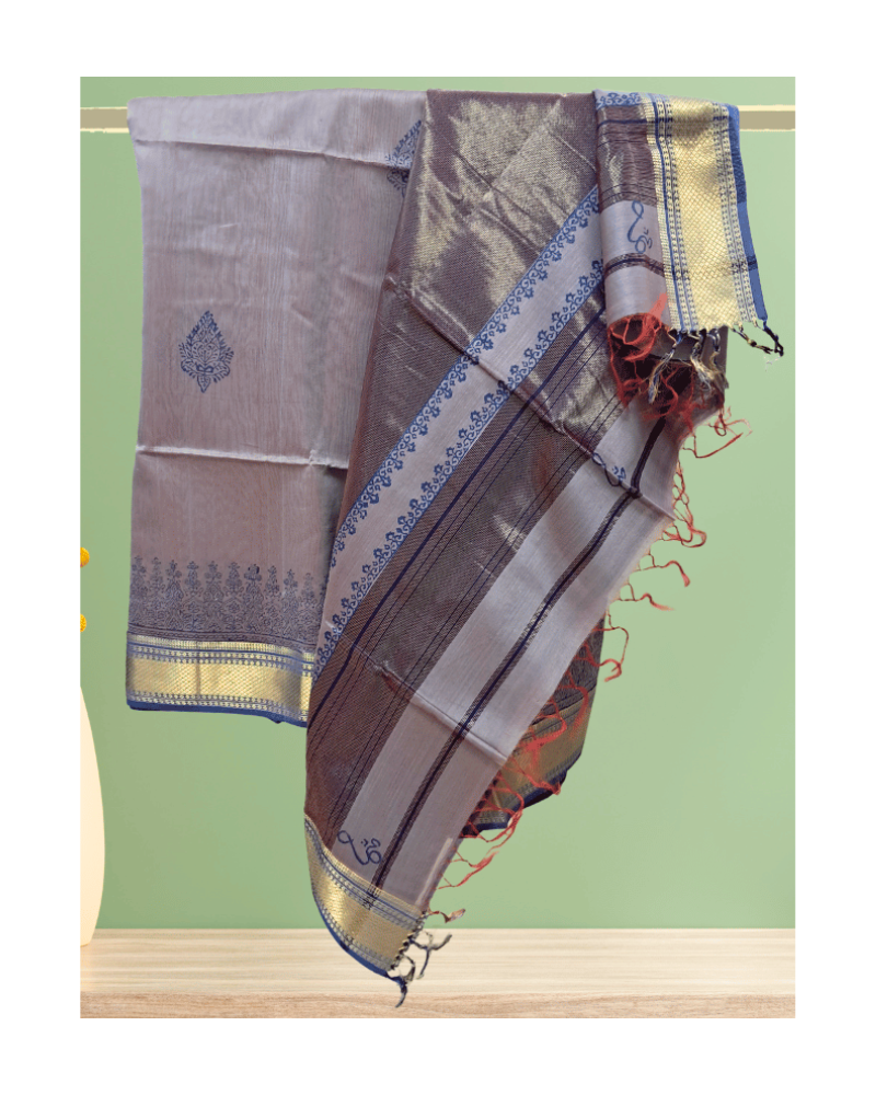 Saree: Maheshwari Silk-Cotton Big Zari Border - Grey & Blue