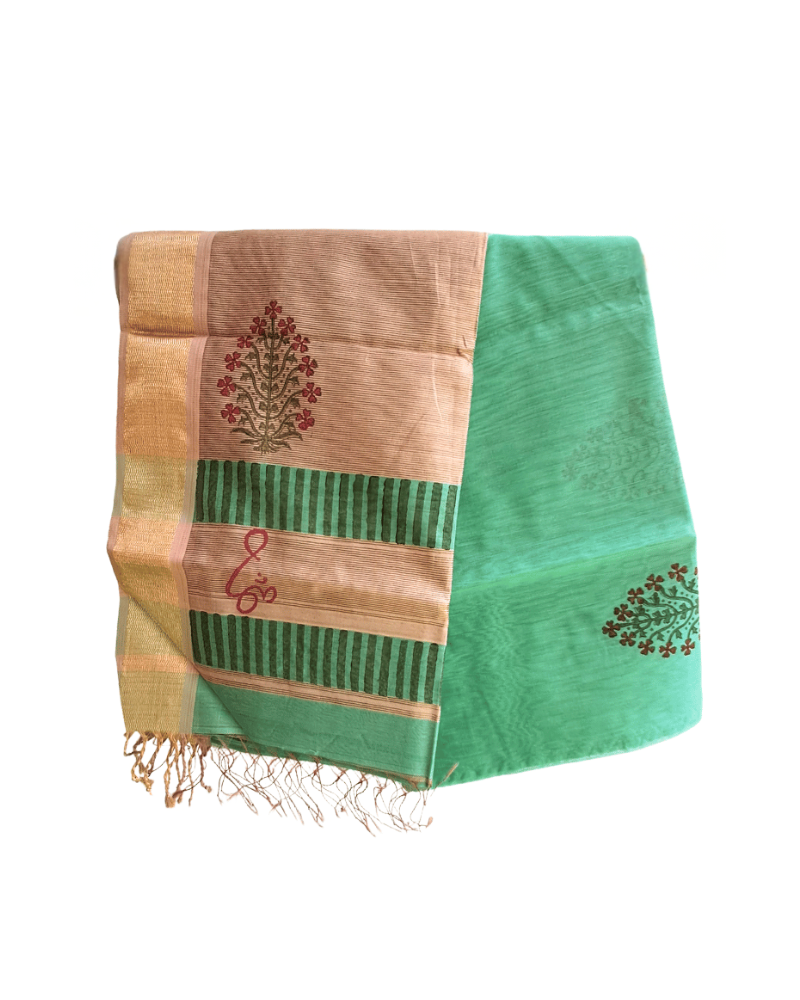 Saree: Maheshwari Silk-Cotton Big Zari Border - Beige & Green