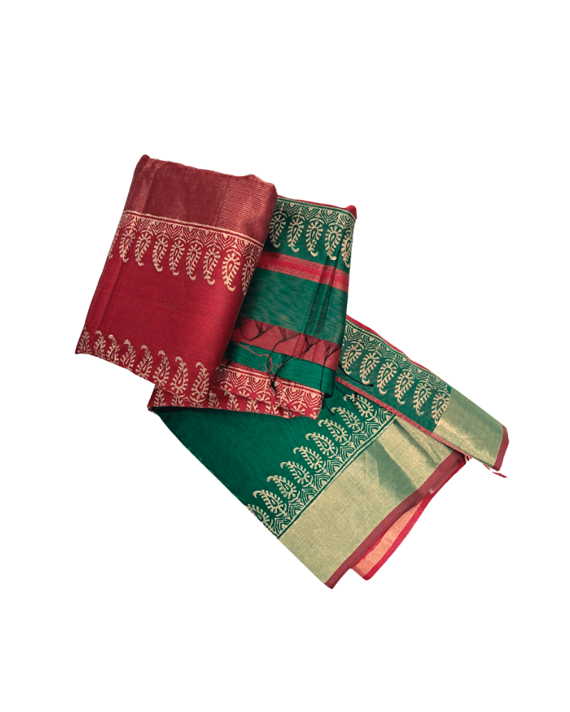 Saree: Maheshwari Silk-Cotton Big Zari Border - Red & Green