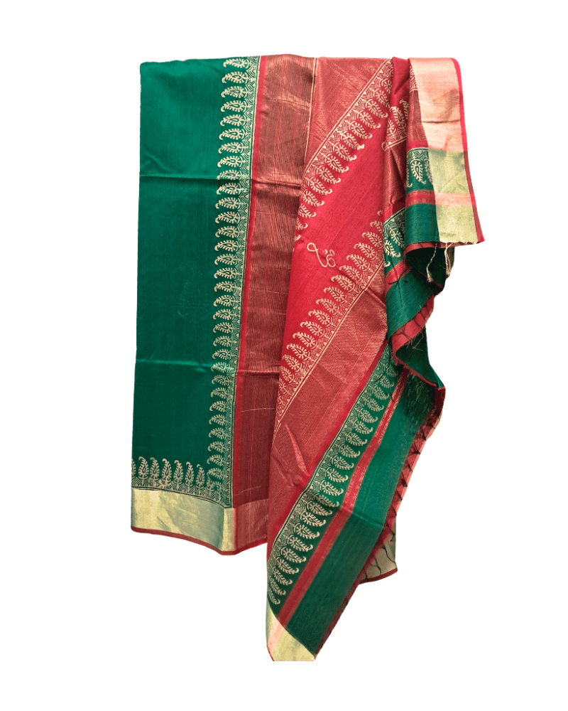 Saree: Maheshwari Silk-Cotton Big Zari Border - Red & Green