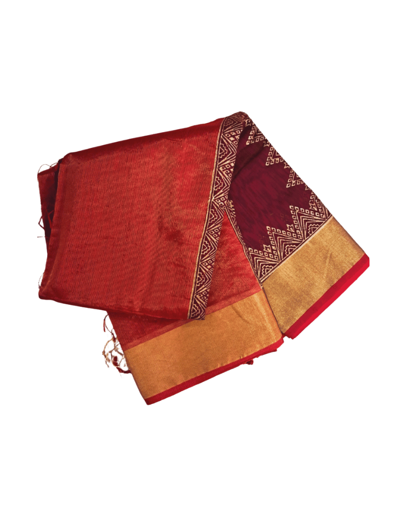 Saree: Maheshwari Silk-Cotton Big Zari Border - Orange & Maroon