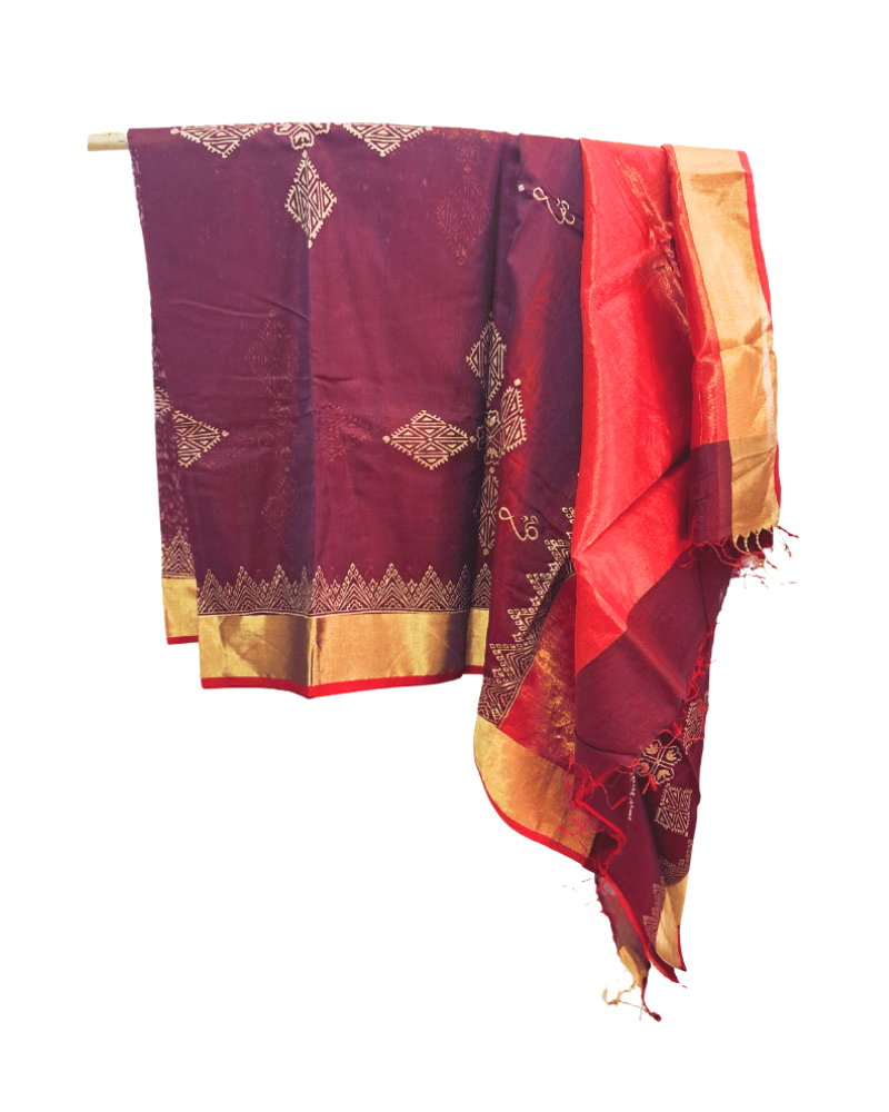 Saree: Maheshwari Silk-Cotton Big Zari Border - Orange & Maroon